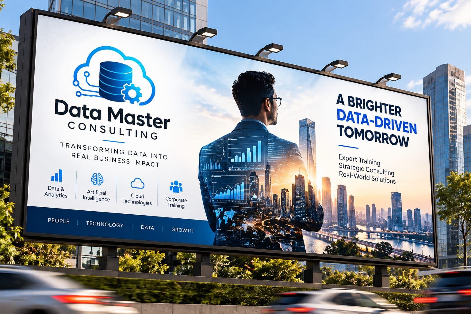 Data Master Consulting billboard above a city road