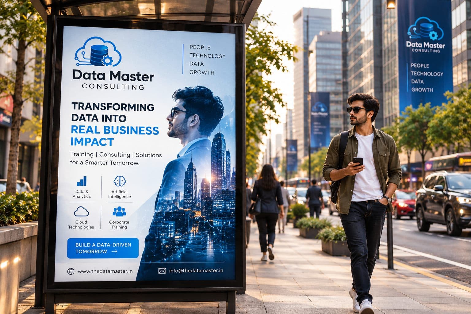Data Master Consulting training poster at a city bus shelter