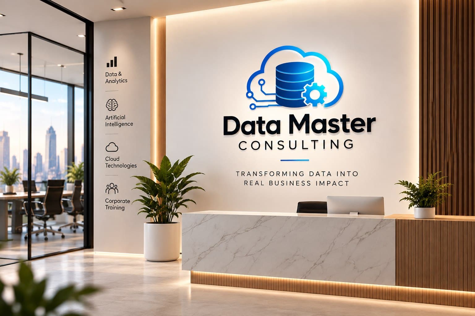 Data Master Consulting logo on a reception wall