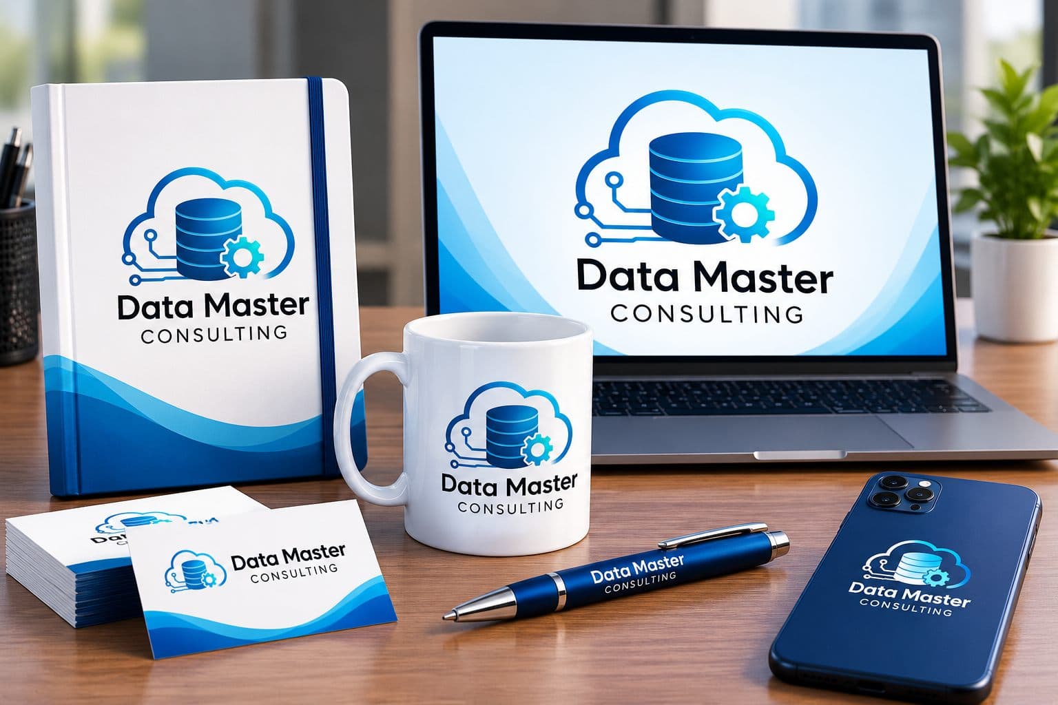 Data Master Consulting branding on a notebook, mug, laptop and business cards