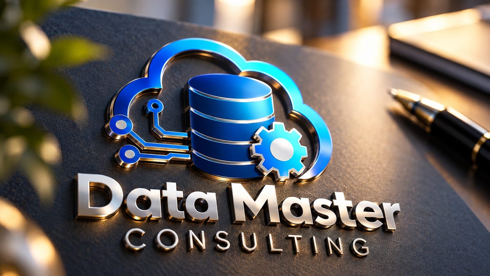 Data Master Consulting logo as a dimensional metal mark