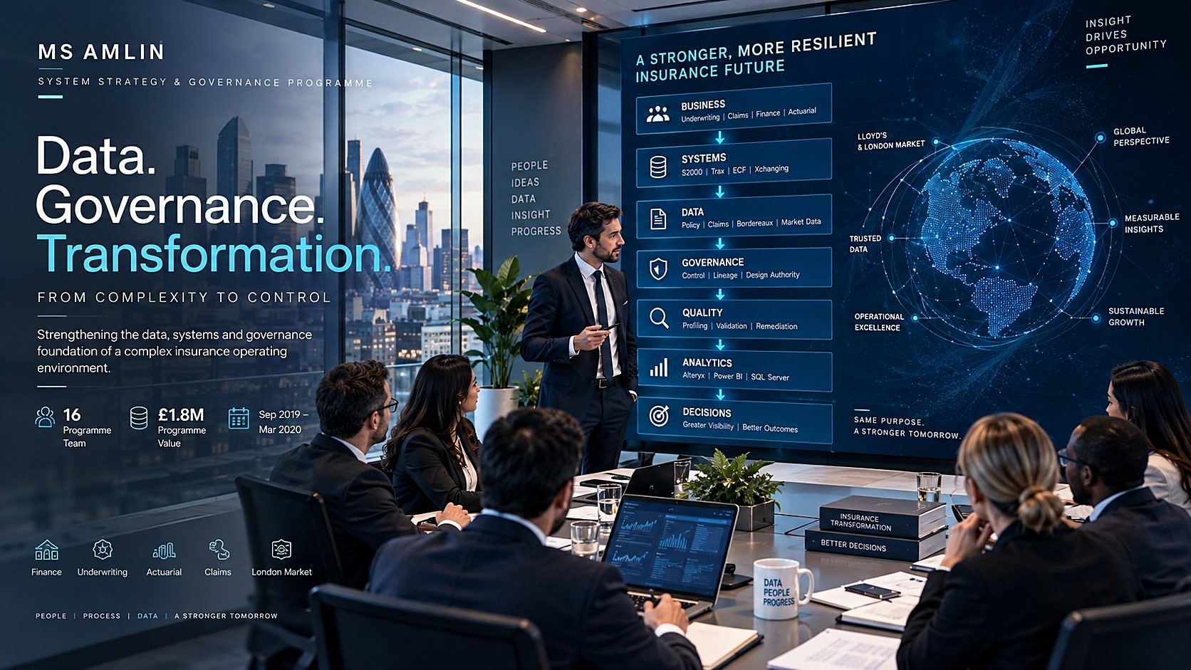 A programme lead presenting a governance and data architecture to colleagues in a London meeting room