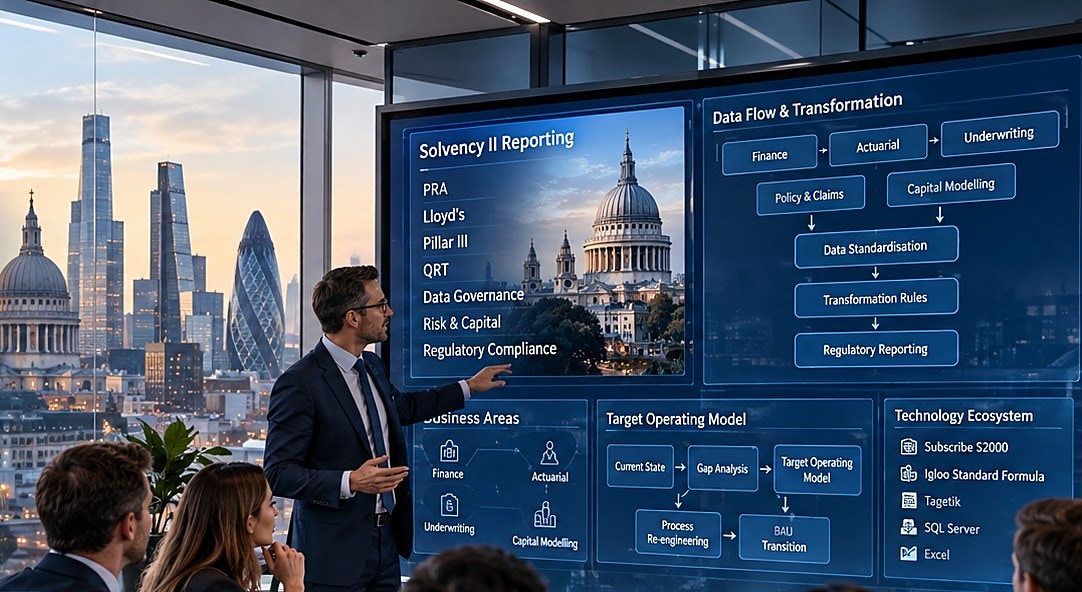 A business change lead presenting Solvency II reporting, data flow and target operating model diagrams to colleagues in a London meeting room