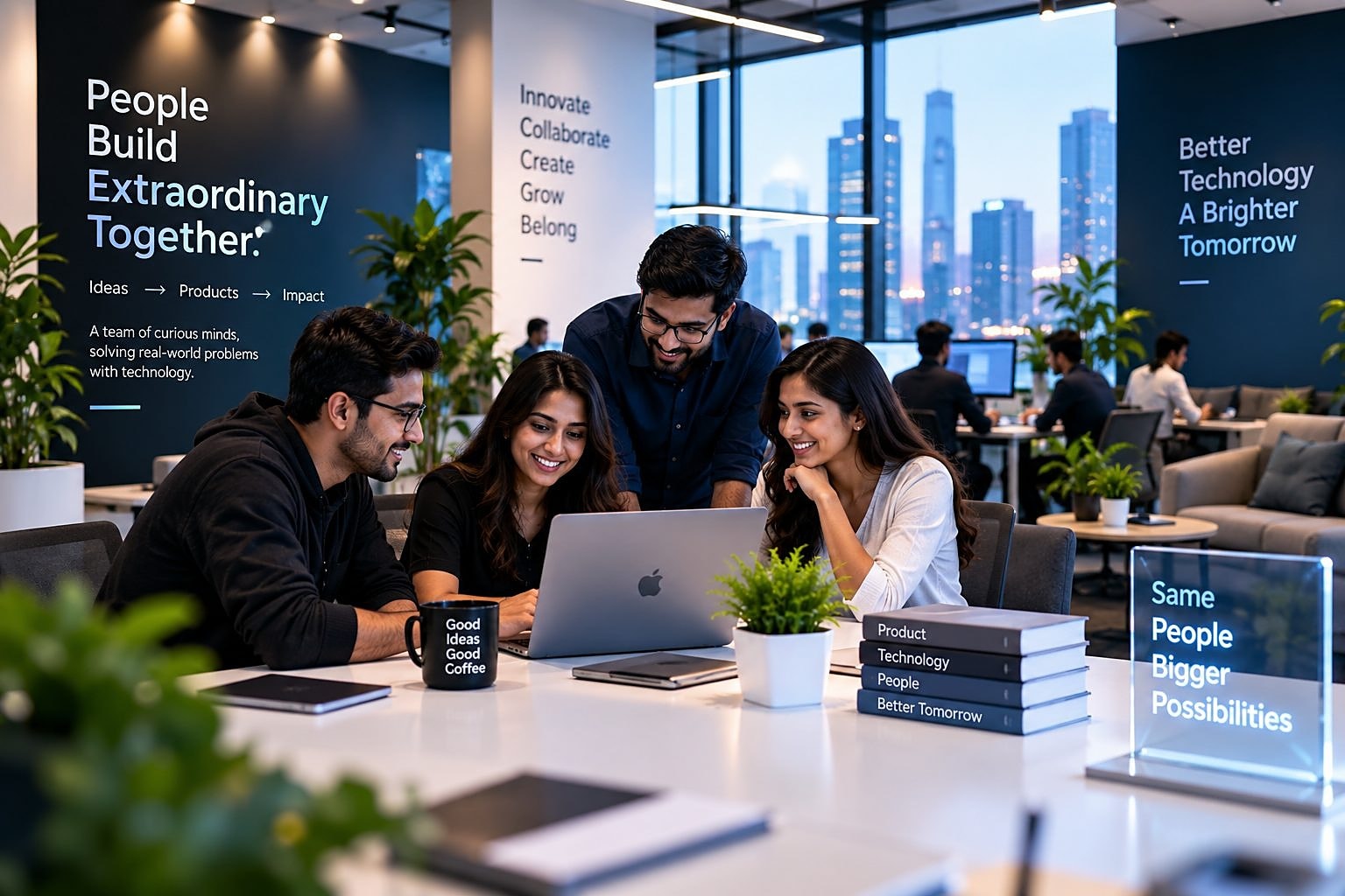 A team collaborating around a laptop in a modern office