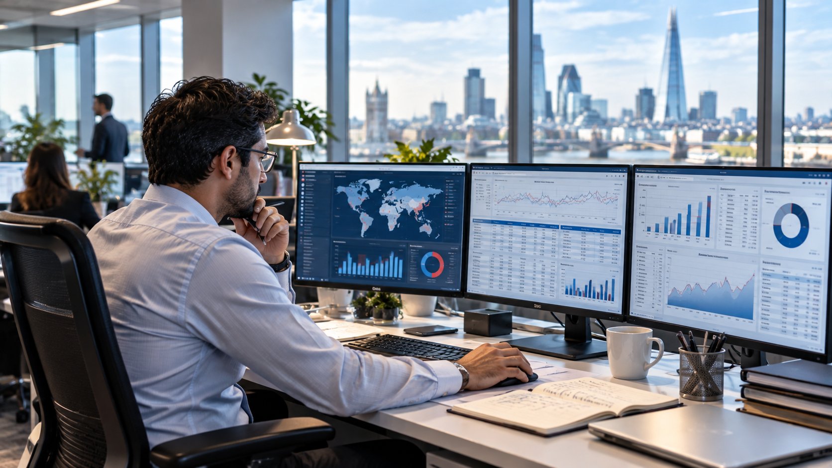 A presenter at a data wall briefing colleagues, with the City skyline and St Paul's behind