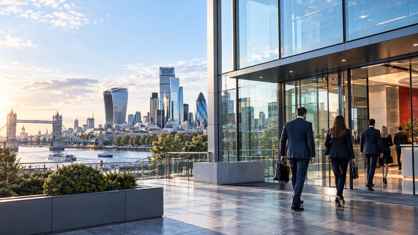 A London office entrance overlooking Tower Bridge and the City skyline at golden hour