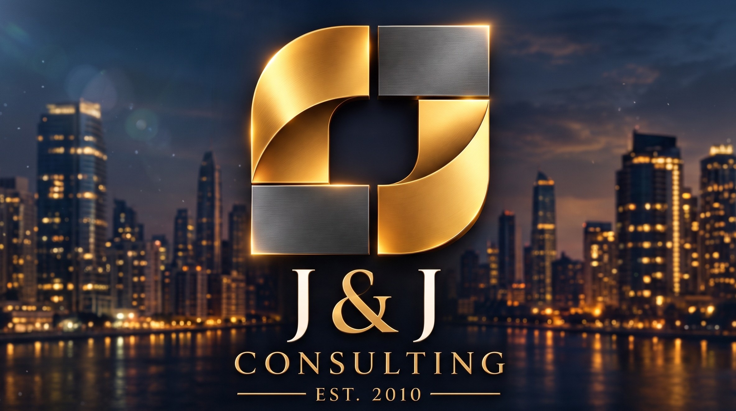 J & J Consulting logo, gold and silver, over a city skyline at night. Established 2010.