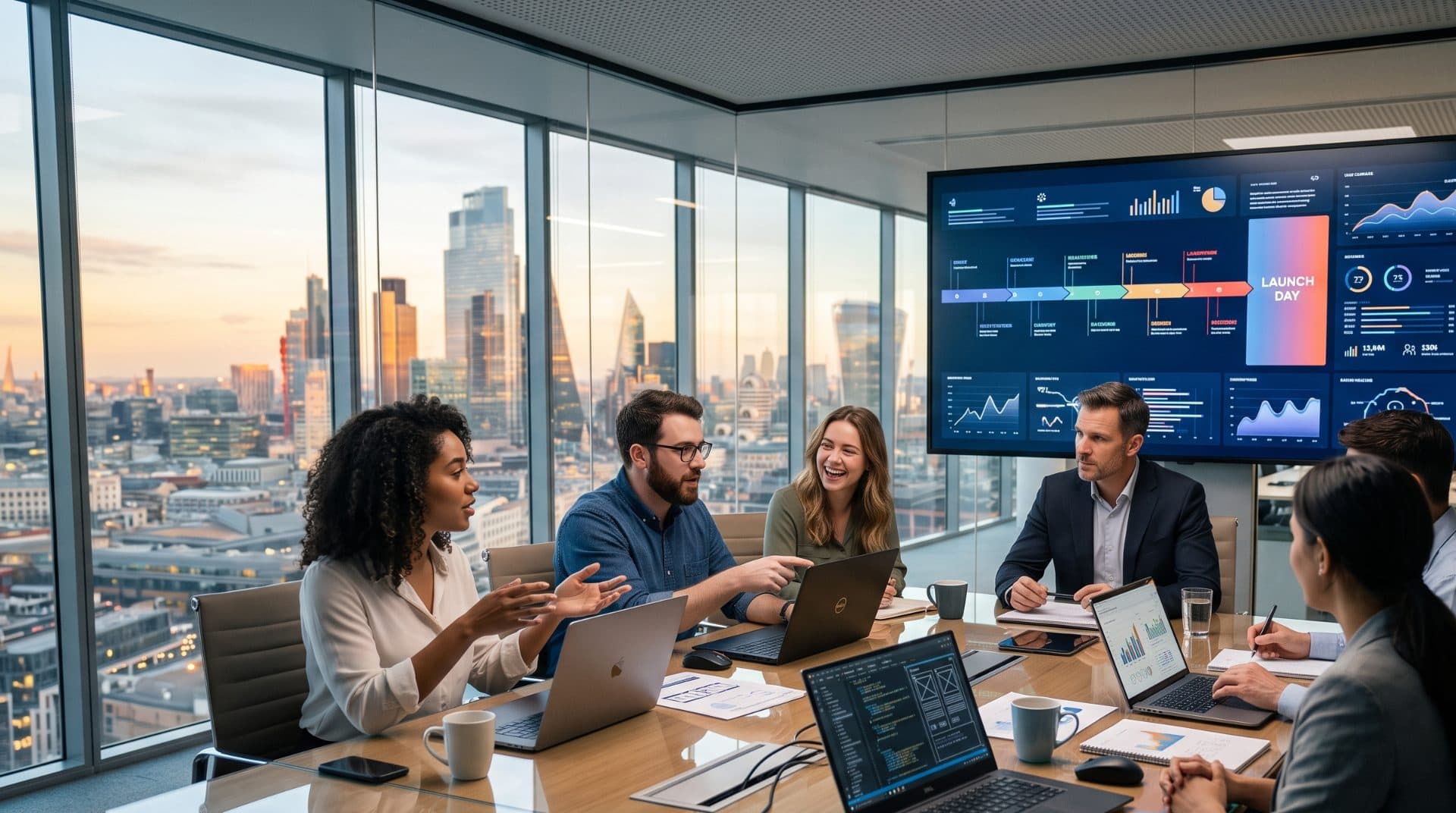 A project team meeting around a launch-plan dashboard, with the City of London skyline behind