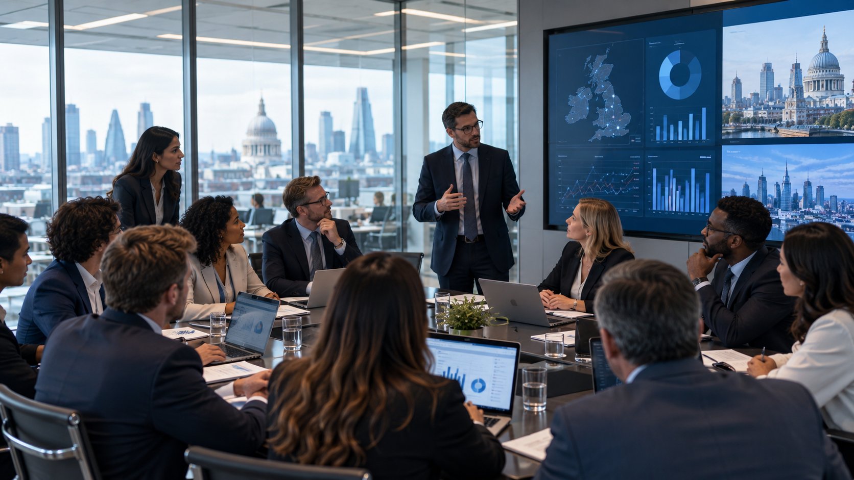 A presenter briefing a large boardroom, with the London skyline through floor-to-ceiling windows