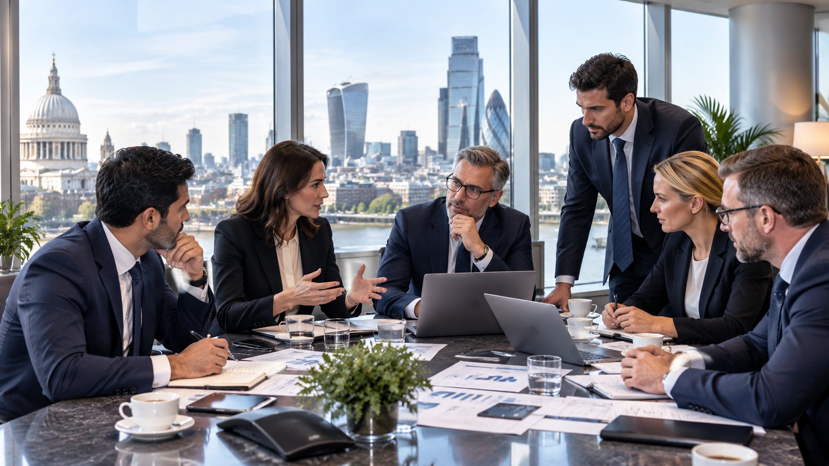Business and technology stakeholders reviewing findings around a boardroom table in London
