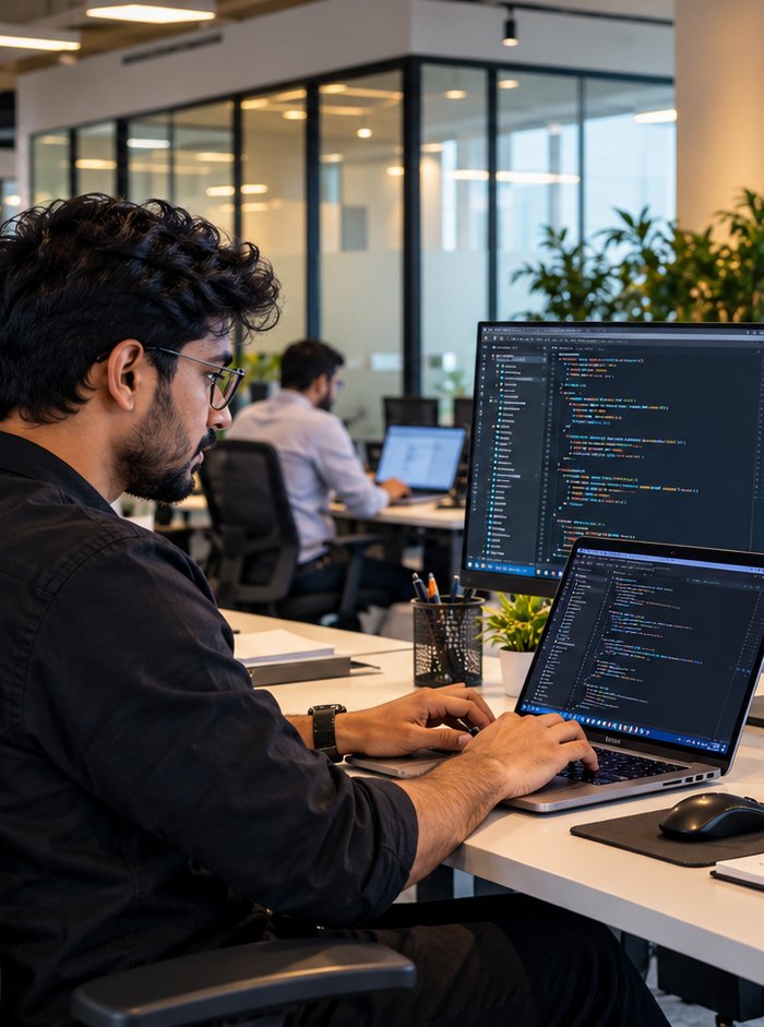 A developer working at a dual-monitor desk in an open-plan office