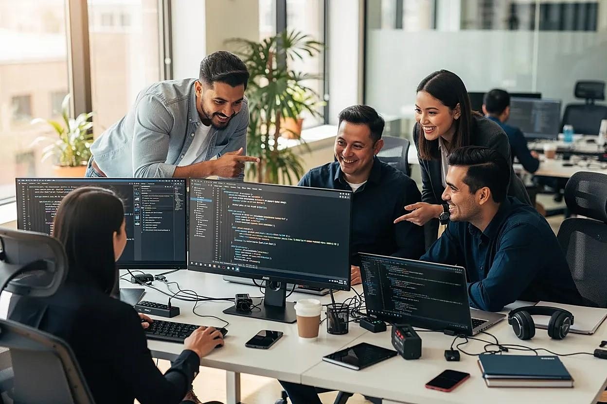A technology team working through a solution together
