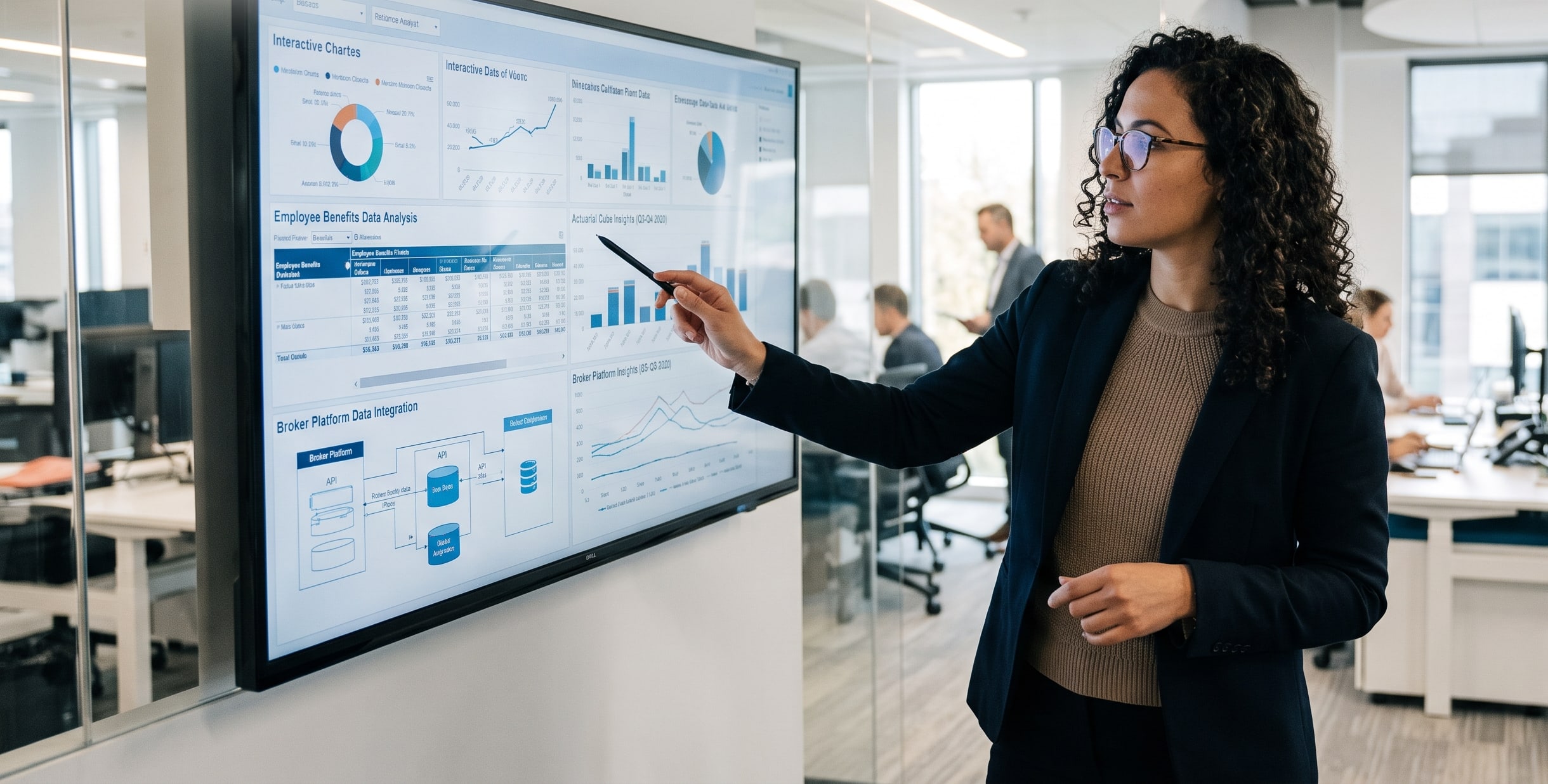 A business analyst presenting Employee Benefits, Actuarial Cube and Broker Platform dashboards on a wall screen