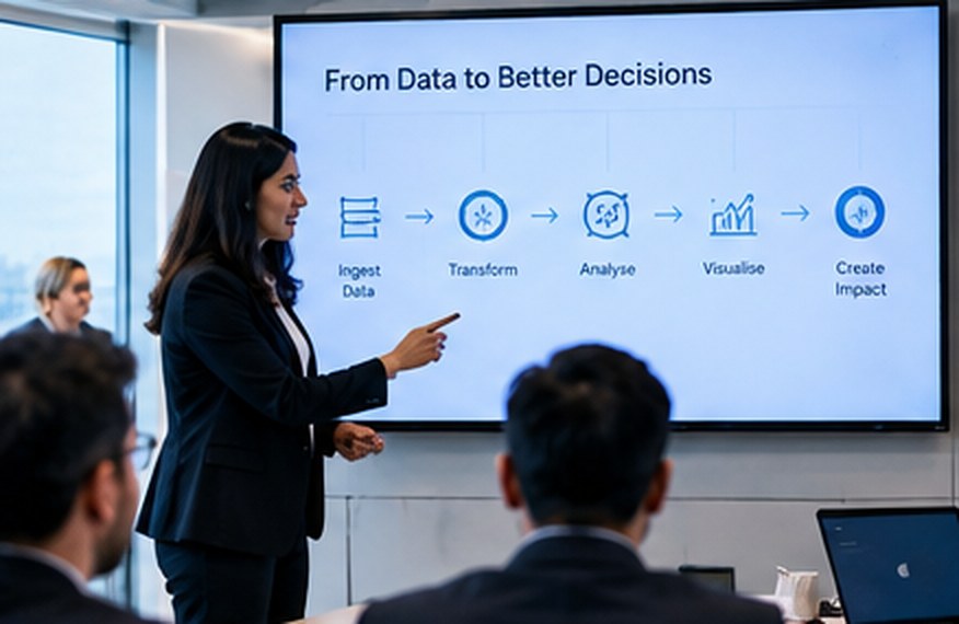 An analyst presenting a process flow to colleagues in a meeting room
