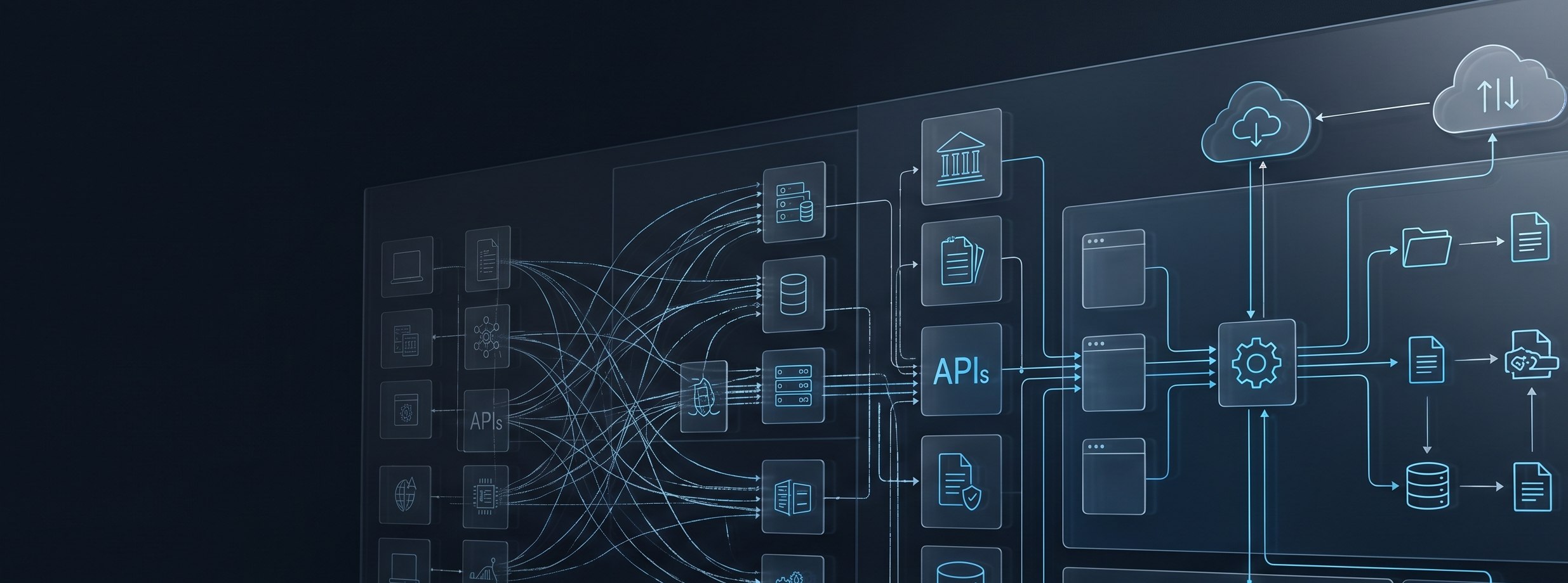 Illustration of tangled point-to-point connections being consolidated through an API layer into structured systems and documents
