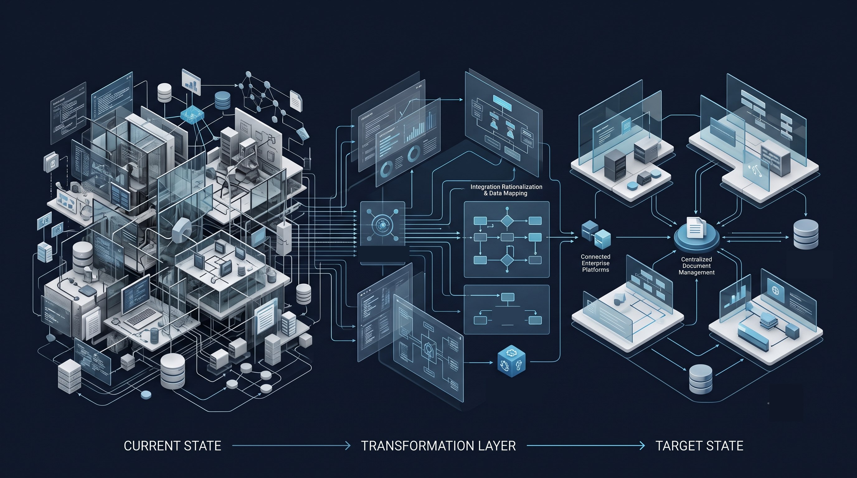 Illustration of a fragmented current state moving through integration rationalisation and process redesign to a connected target state with centralised document management