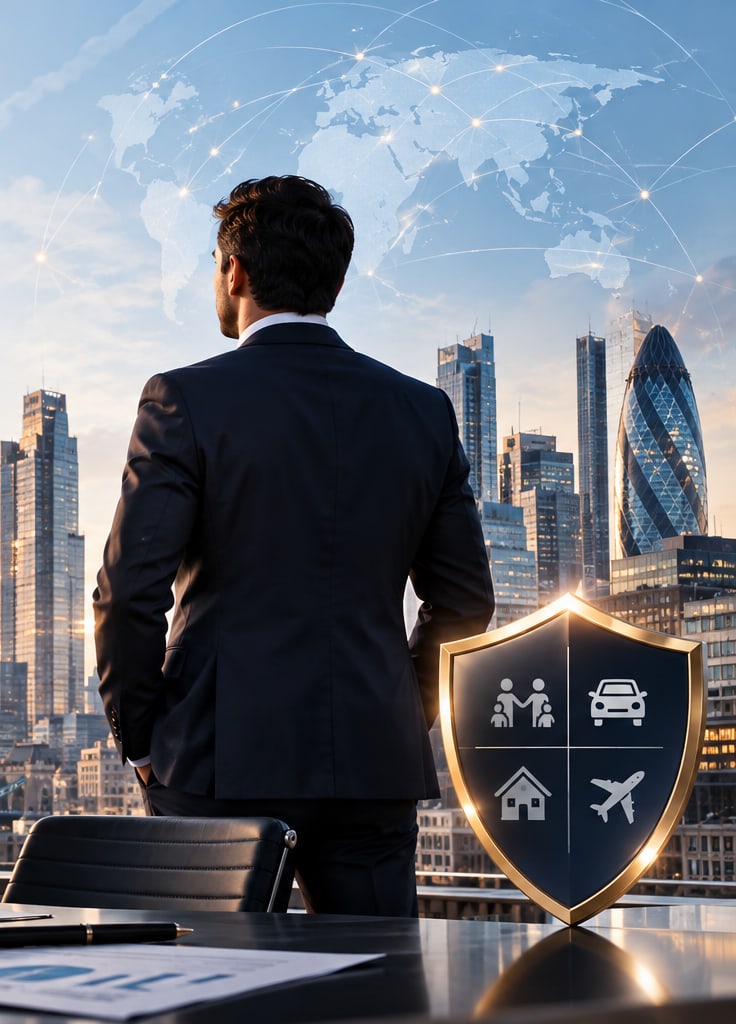 A consultant looking out over the City of London skyline, with an insurance shield on the desk